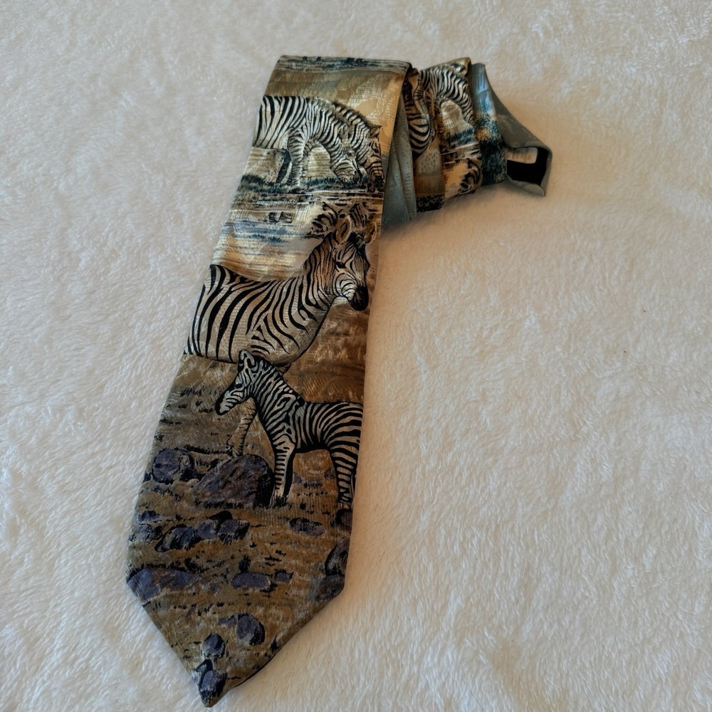 VTG 90s Endangered Species Zebras at the Watering Hole Silk Necktie Tie